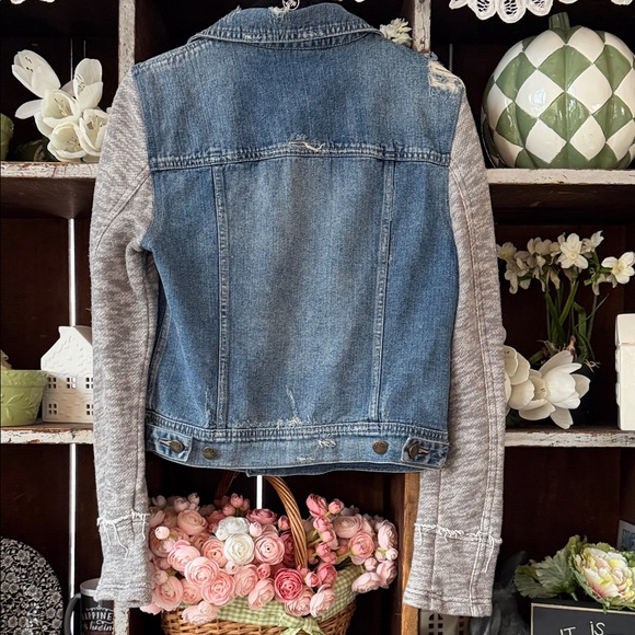 Free People Distressed Blue Denim Jacket with Gray Sleeves - Picture 2 of 3